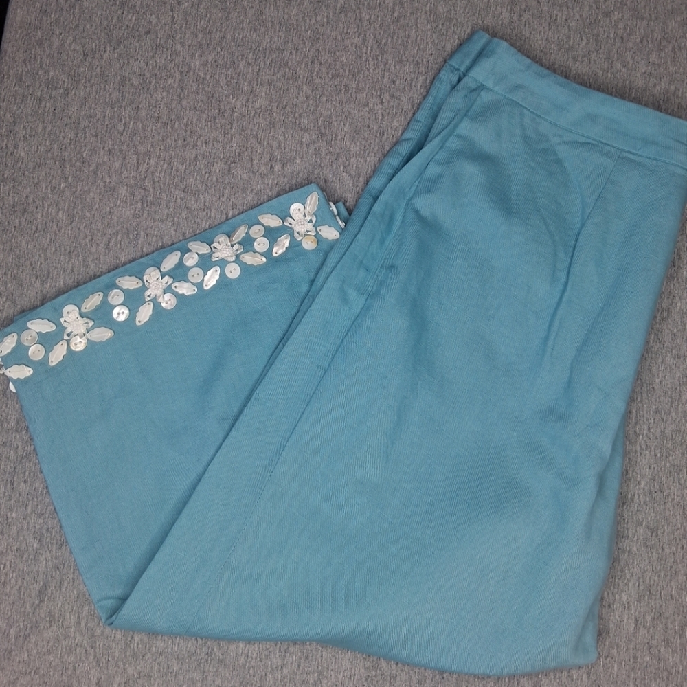 Spenser Jeremy Linen Cotton Turquoise Shell Embellished Crop Pants Coastal 6